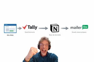 Schéma d’un système de candidatures reliant un site web à Tally, Notion et MailerLite