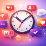 illustration horloge entourée de messages instagram symbolisant l’automatisation des réponses et la gestion du temps