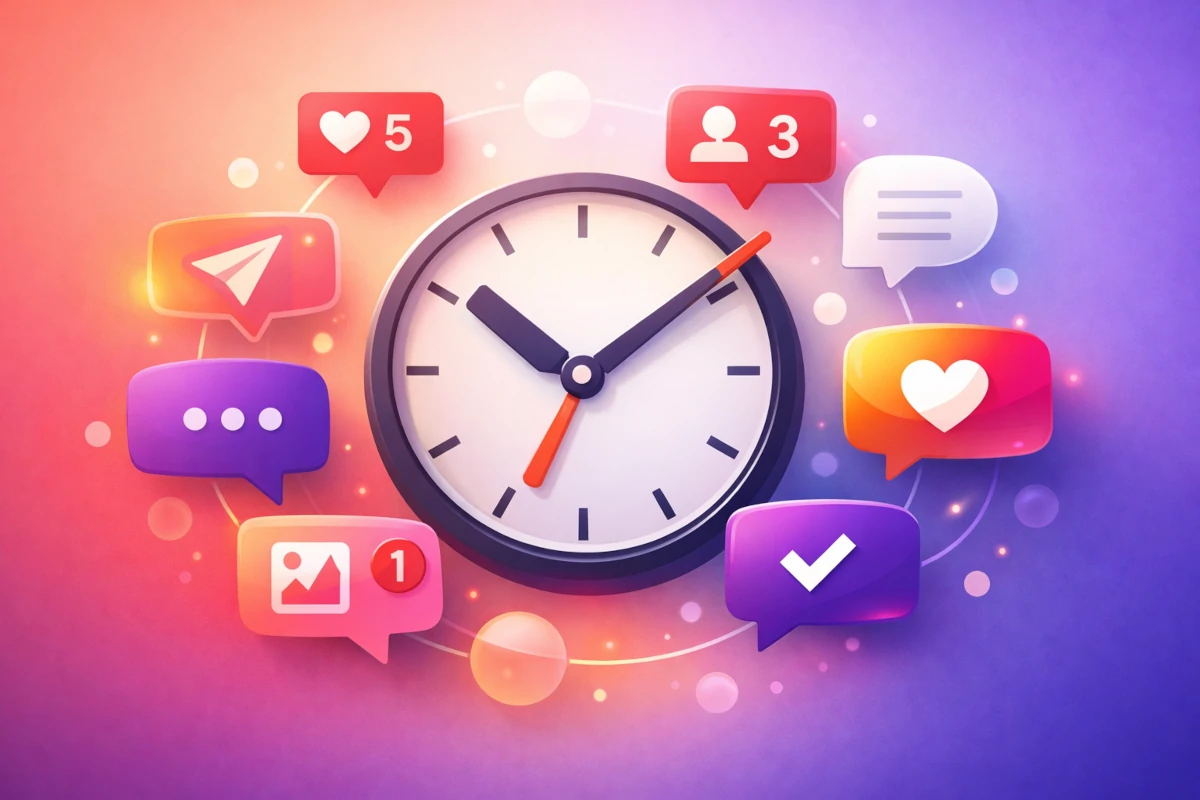 illustration horloge entourée de messages instagram symbolisant l’automatisation des réponses et la gestion du temps