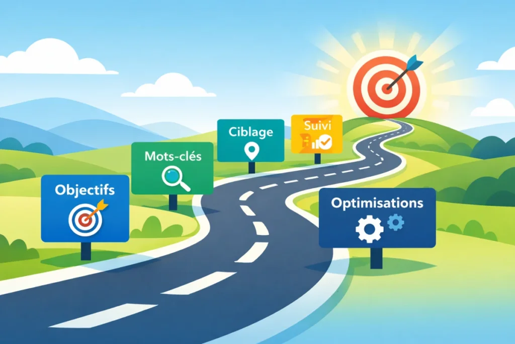 schéma du chemin de conversion d’une campagne Google Ads avec objectifs mots-clés ciblage suivi et optimisation