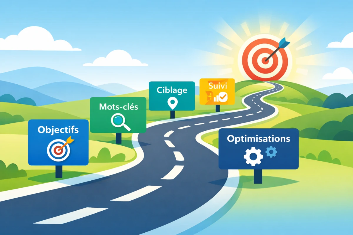 schéma du chemin de conversion d’une campagne Google Ads avec objectifs mots-clés ciblage suivi et optimisation