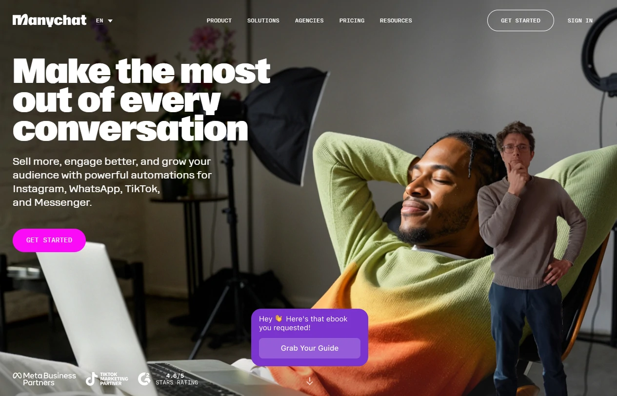 Page d'accueil du site web ManyChat