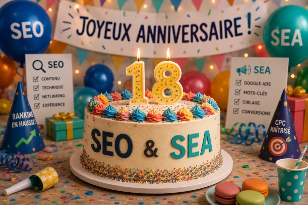 Fête d'anniversaire professionnelle célébrant les 18 ans d'une agence de marketing digital spécialisée en SEO et SEA