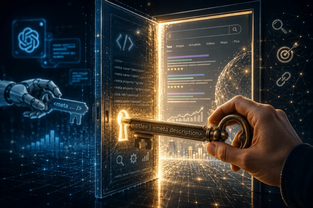 Clé gravée de balises meta ouvrant une porte numérique vers des données SEO, face à une clé proposée par une intelligence artificielle en arrière-plan