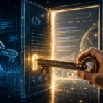 Clé gravée de balises meta ouvrant une porte numérique vers des données SEO, face à une clé proposée par une intelligence artificielle en arrière-plan
