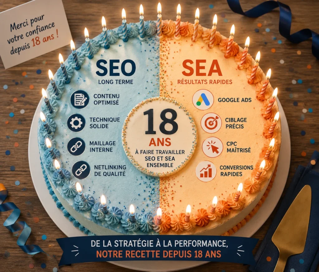Gâteau d'anniversaire illustrant 18 ans d'expertise en SEO et SEA avec les principaux leviers du référencement naturel et de Google Ads