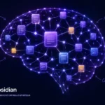 Obsidian second cerveau : illustration d'un cerveau numérique composé de nœuds interconnectés symbolisant l'organisation des connaissances et des notes.