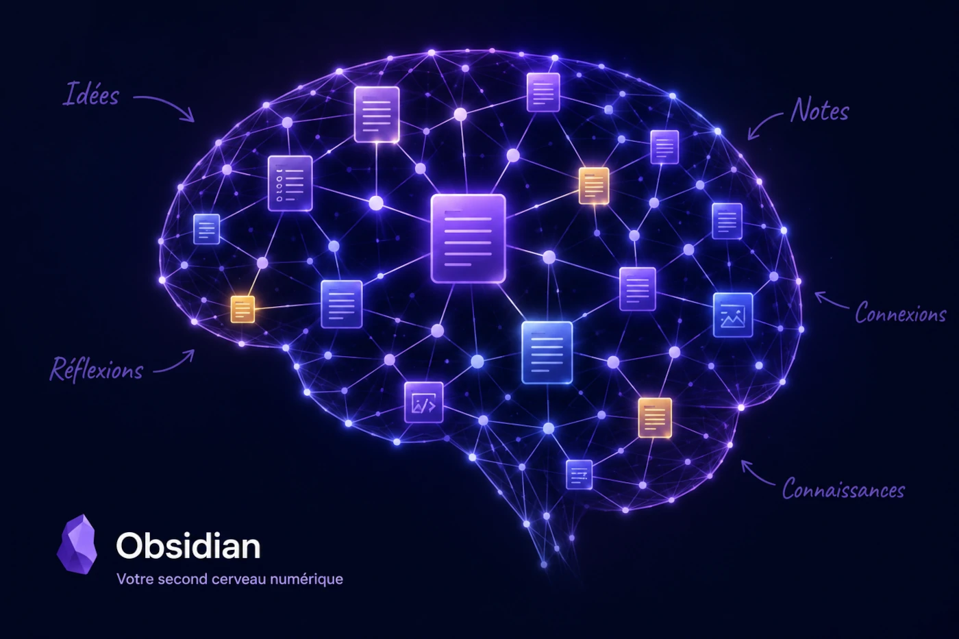 Obsidian second cerveau : illustration d'un cerveau numérique composé de nœuds interconnectés symbolisant l'organisation des connaissances et des notes.