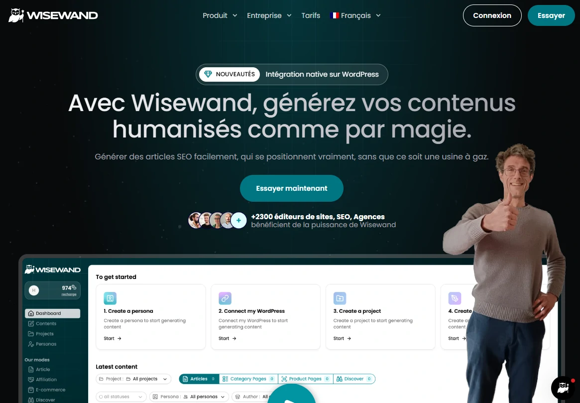 page d'accueil du site Wisewand, tool de rédaction IA ultra quali