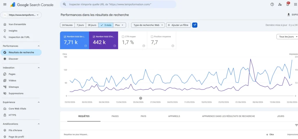 Page de résultats de recherche de la Google Search Console