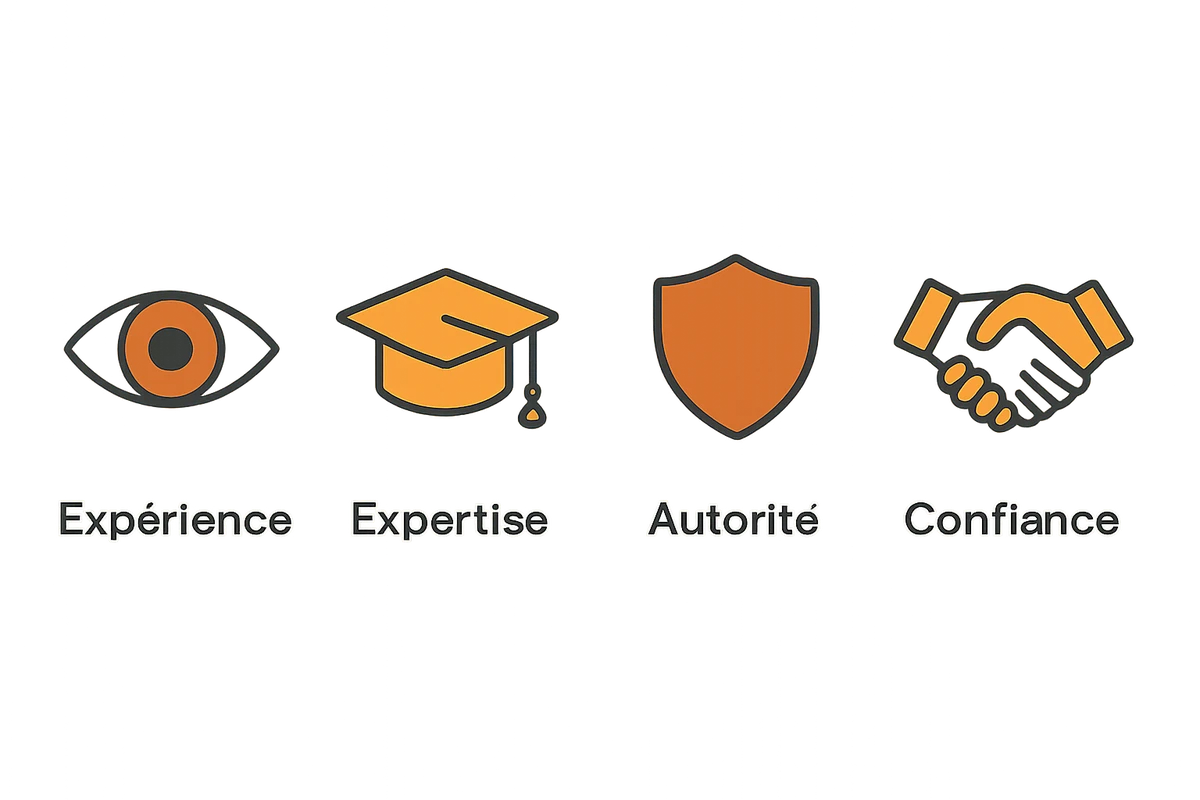 Infographie des quatre piliers EEAT : Expérience, Expertise, Autorité, Confiance