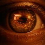 Gros plan sur un œil reflétant un réseau de données lumineux, symbolisant l’analyse de l’algorithme Google