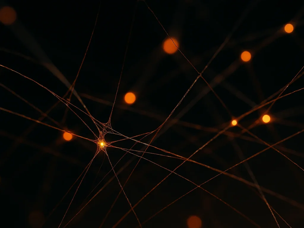Réseau de fils lumineux rouille et ambre convergeant vers un point central dans l'obscurité, symbolisant le maillage interne qui relie des pages isolées d'un site