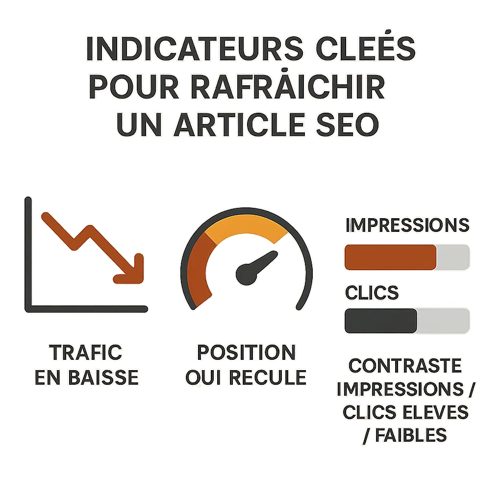 Infographie des indicateurs clés pour repérer un article SEO à rafraîchir : trafic en baisse, position qui recule, écart impressions/clics