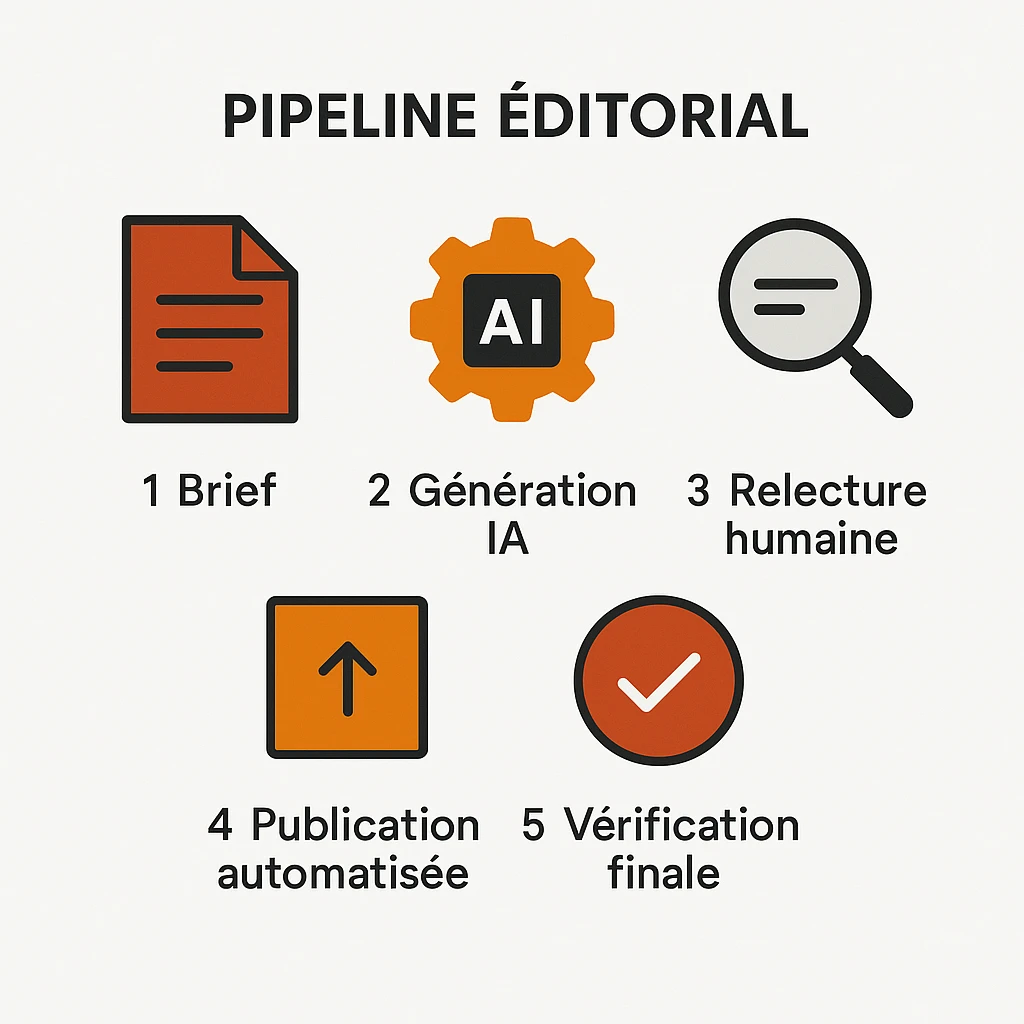 Infographie en 5 étapes du pipeline éditorial : brief, génération IA, relecture humaine, publication automatisée, vérification finale
