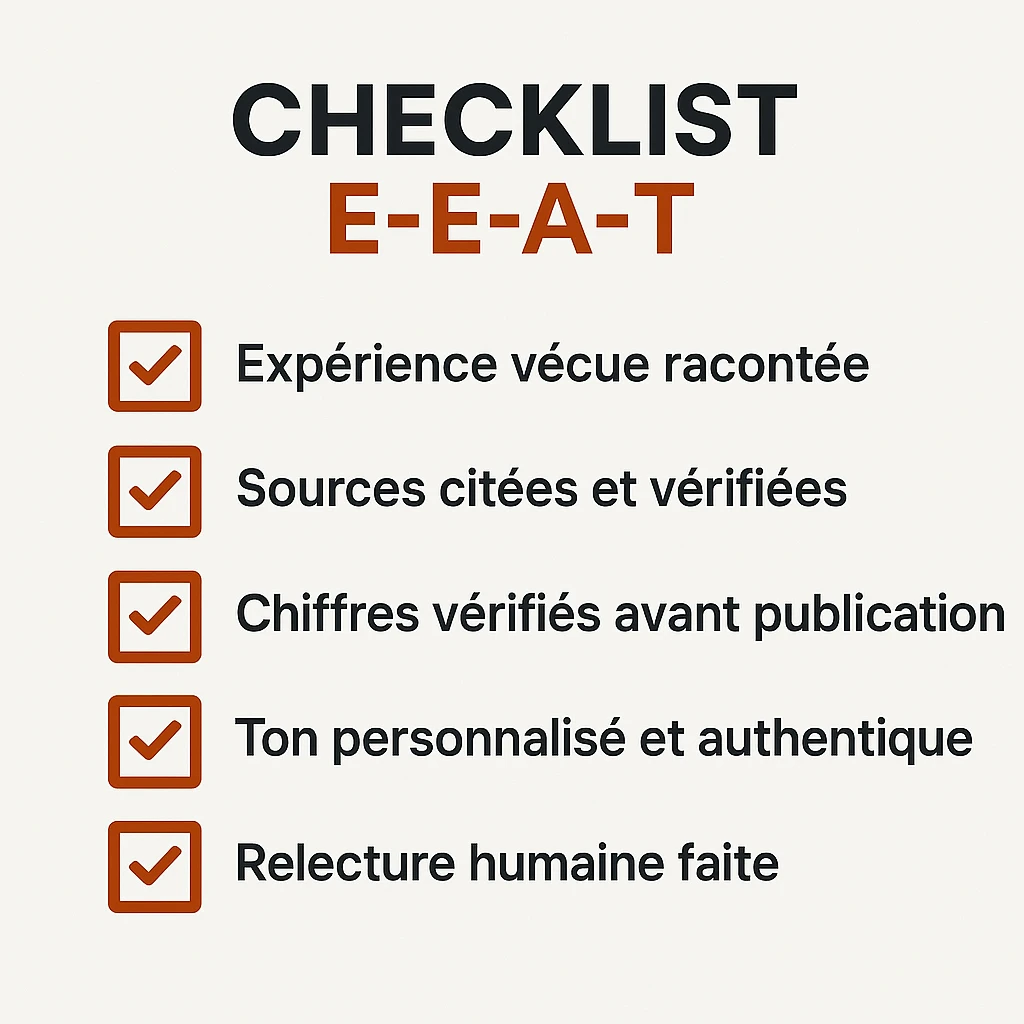 Checklist E-E-A-T avant publication : expérience vécue, sources vérifiées, chiffres vérifiés, ton authentique, relecture humaine