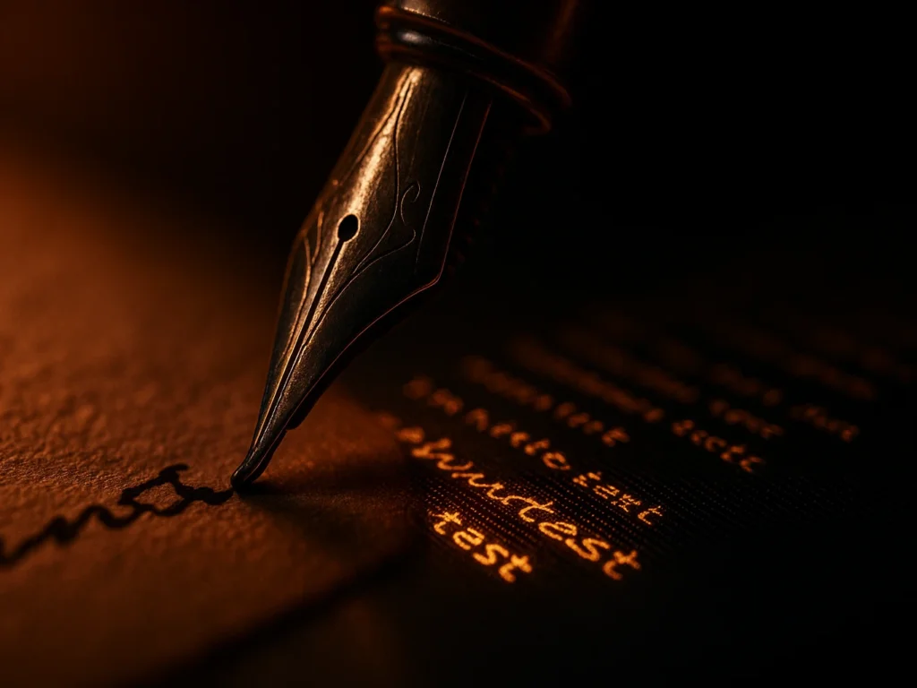 Gros plan macro sur un stylo à plume écrivant, transition entre écriture manuscrite et texte numérique lumineux ambre — symbole de l'expérience humaine qui infuse le contenu généré par IA