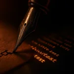 Gros plan macro sur un stylo à plume écrivant, transition entre écriture manuscrite et texte numérique lumineux ambre — symbole de l'expérience humaine qui infuse le contenu généré par IA