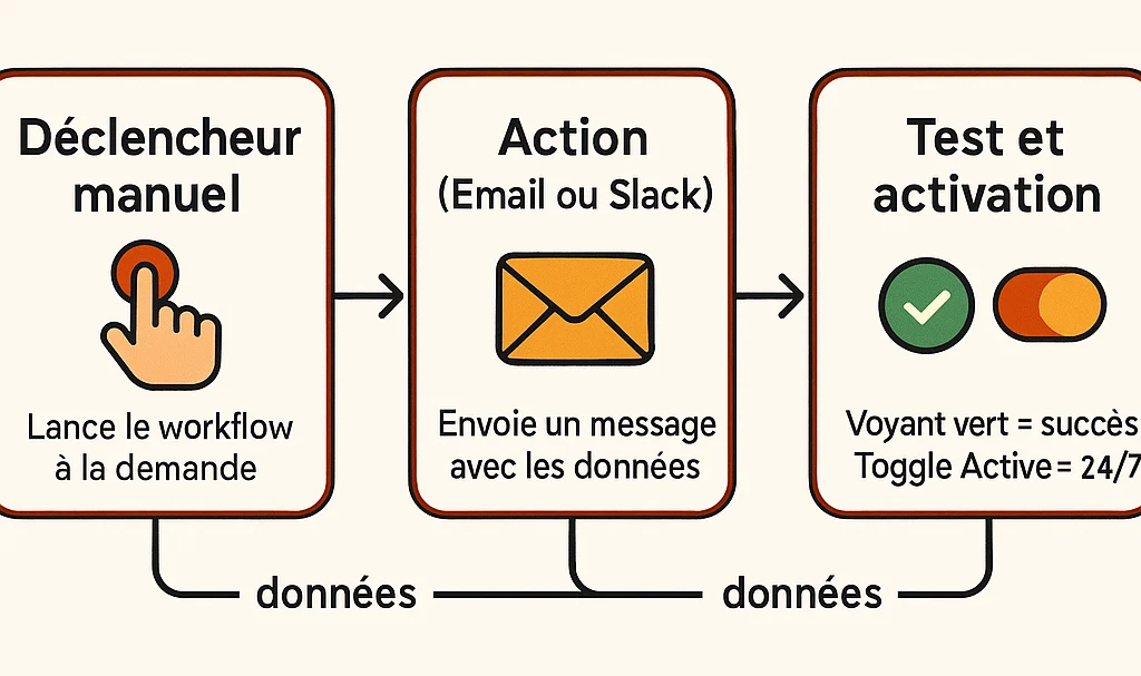 Anatomie d’un premier workflow n8n : déclencheur manuel qui lance le workflow, action Email ou Slack qui envoie un message avec les données, test et activation avec voyant vert et toggle Active pour un fonctionnement 24/7