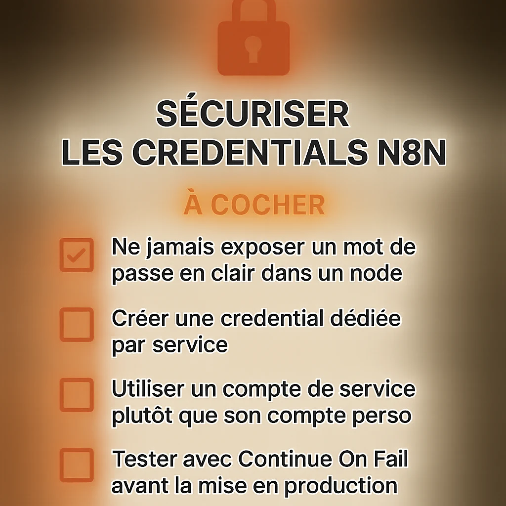 Checklist pour sécuriser les credentials n8n : ne jamais exposer un mot de passe en clair dans un node, créer une credential dédiée par service, utiliser un compte de service plutôt que son compte perso, tester avec Continue on Fail avant la mise en production