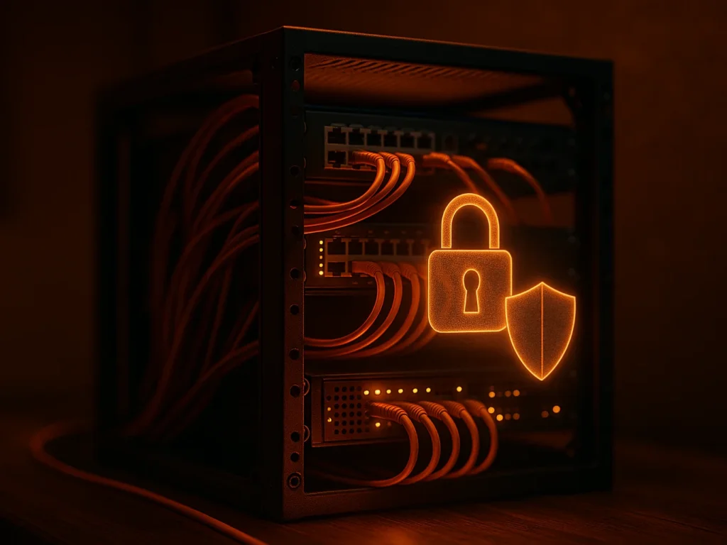 Rack serveur self-hosted avec câbles réseau, cadenas et bouclier lumineux symbolisant la sécurité et le contrôle des données pour un déploiement n8n auto-hébergé
