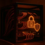 Rack serveur self-hosted avec câbles réseau, cadenas et bouclier lumineux symbolisant la sécurité et le contrôle des données pour un déploiement n8n auto-hébergé