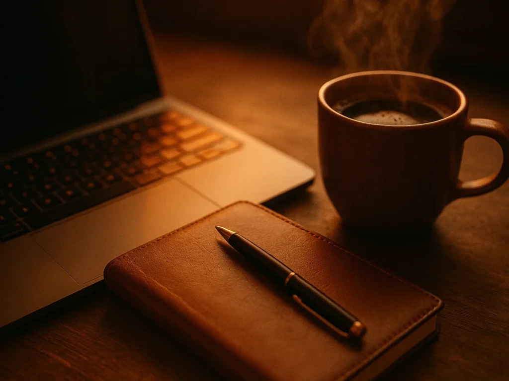 Bureau chaleureux au coucher du soleil avec ordinateur portable, carnet en cuir et tasse de café fumante, symbolisant les outils IA du quotidien d'un freelance