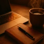 Bureau chaleureux au coucher du soleil avec ordinateur portable, carnet en cuir et tasse de café fumante, symbolisant les outils IA du quotidien d'un freelance