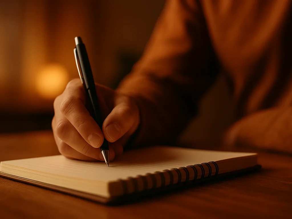 Main tenant un stylo en train d'écrire dans un carnet, lumière chaude — rédiger avec de l'expérience réelle plutôt que pour un algorithme