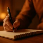 Main tenant un stylo en train d'écrire dans un carnet, lumière chaude — rédiger avec de l'expérience réelle plutôt que pour un algorithme