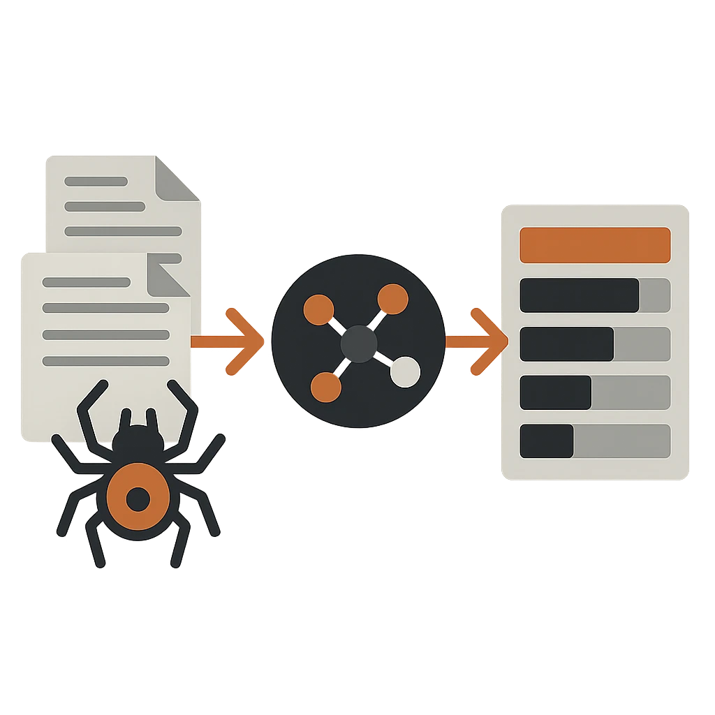 Schéma en trois étapes : un crawler explore des documents, un nœud central évalue leur qualité, une page classée en ressort en tête de liste