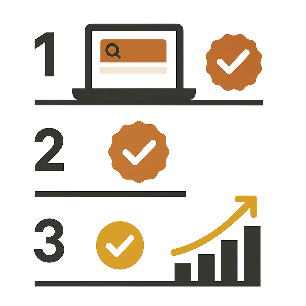 Checklist en trois étapes numérotées pour un freelance SEO : recherche, validation, croissance mesurable