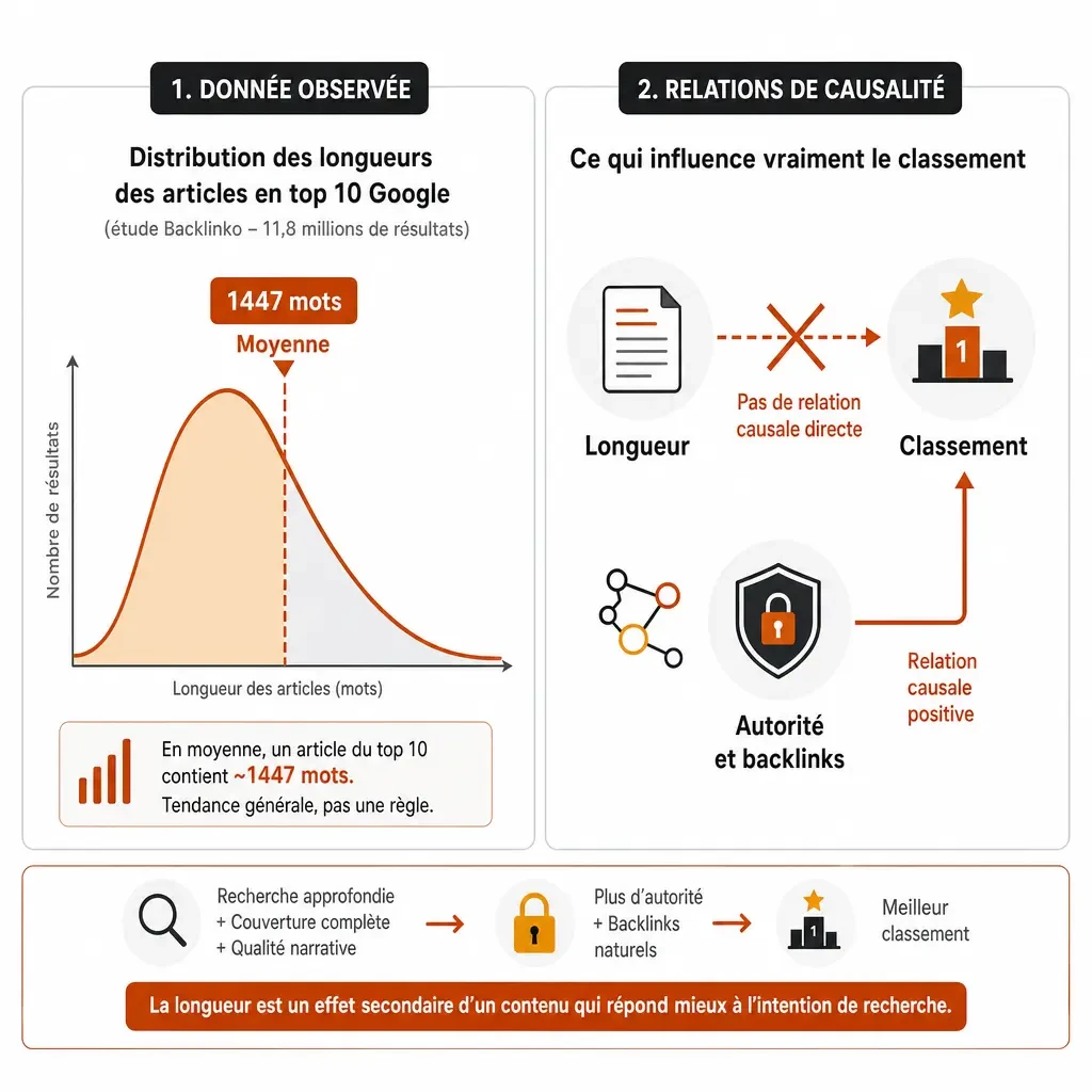 Infographie montrant l'absence de relation causale directe entre longueur d'un article et classement Google, malgré une moyenne de 1447 mots dans le top 10 (étude Backlinko)
