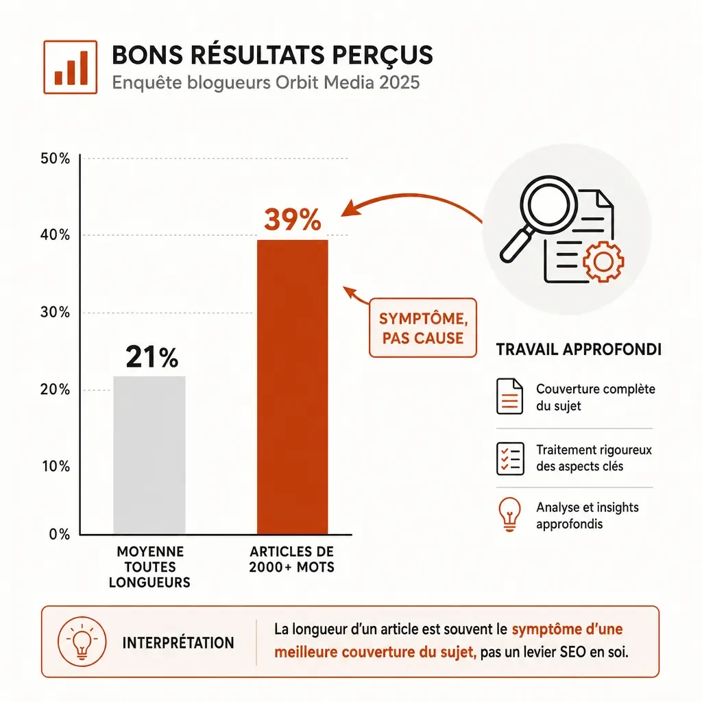 Diagramme comparant 21% de bons résultats perçus en moyenne contre 39% pour les articles de 2000 mots et plus, enquête Orbit Media 2025