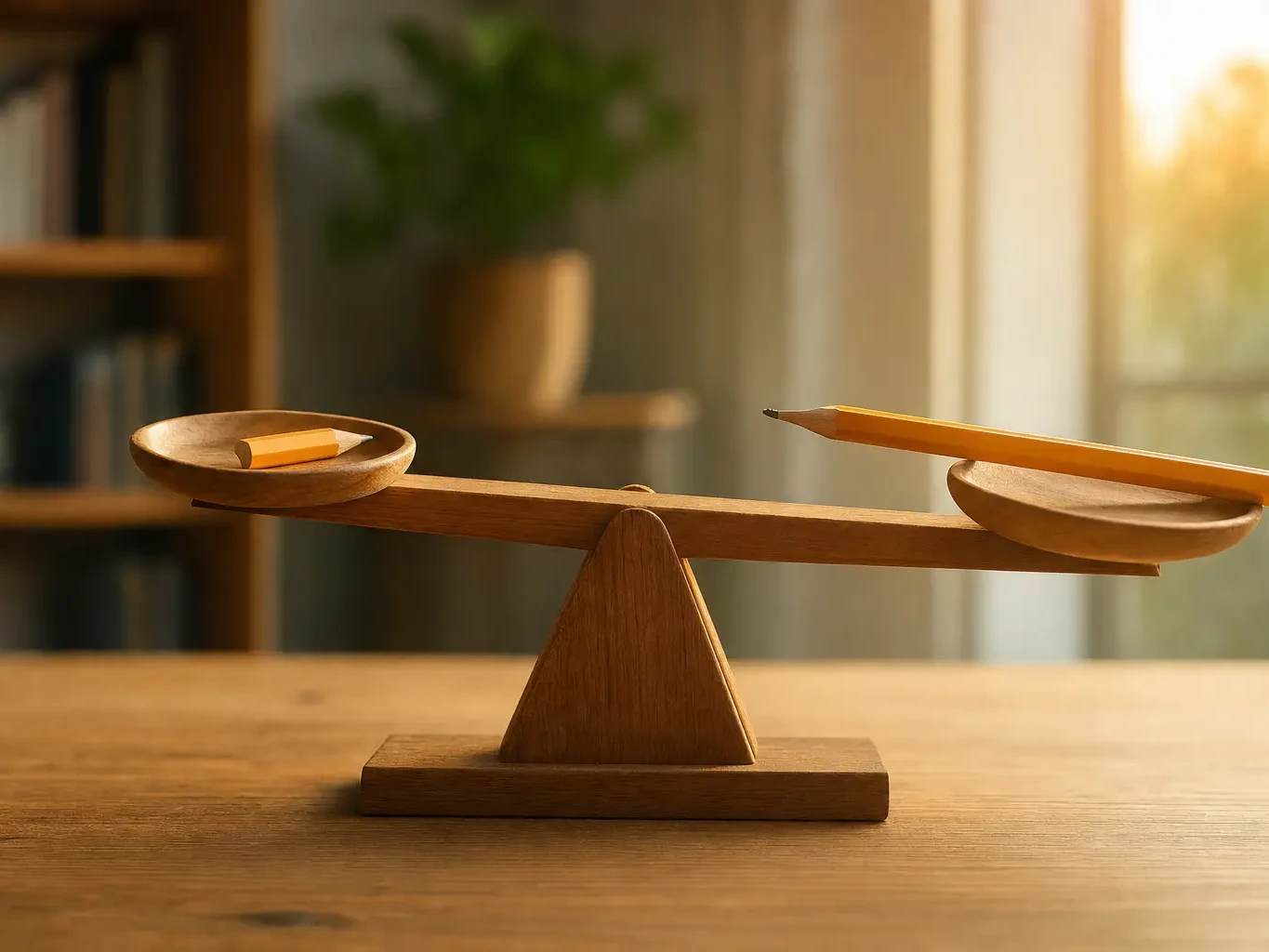 Balance en bois avec un crayon court et un crayon long, illustrant le dilemme entre un article court et un article long en SEO