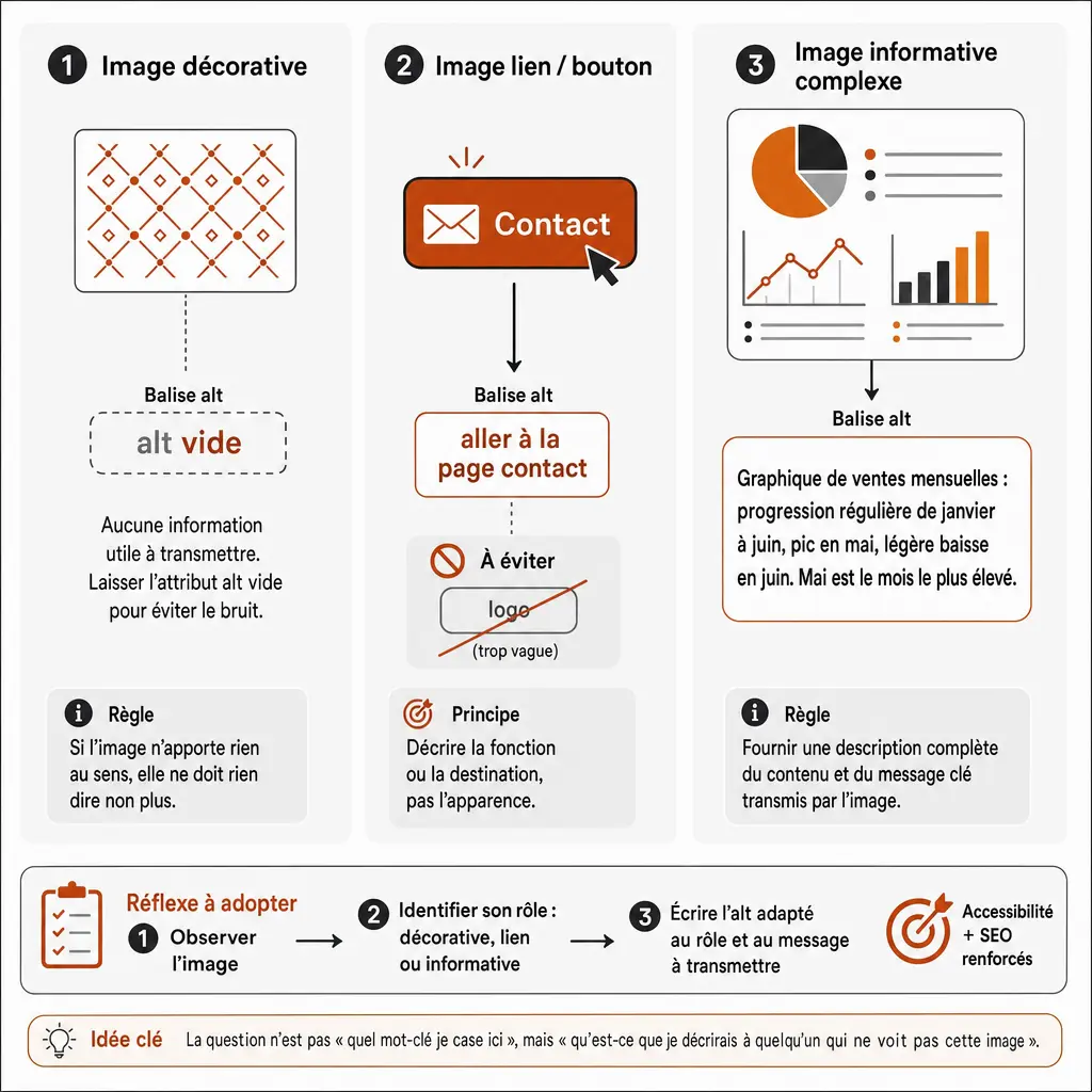 Infographie en 3 colonnes montrant comment écrire une balise alt selon le type d'image : décorative (alt vide), lien/bouton (décrire la fonction) et graphique complexe (description détaillée)