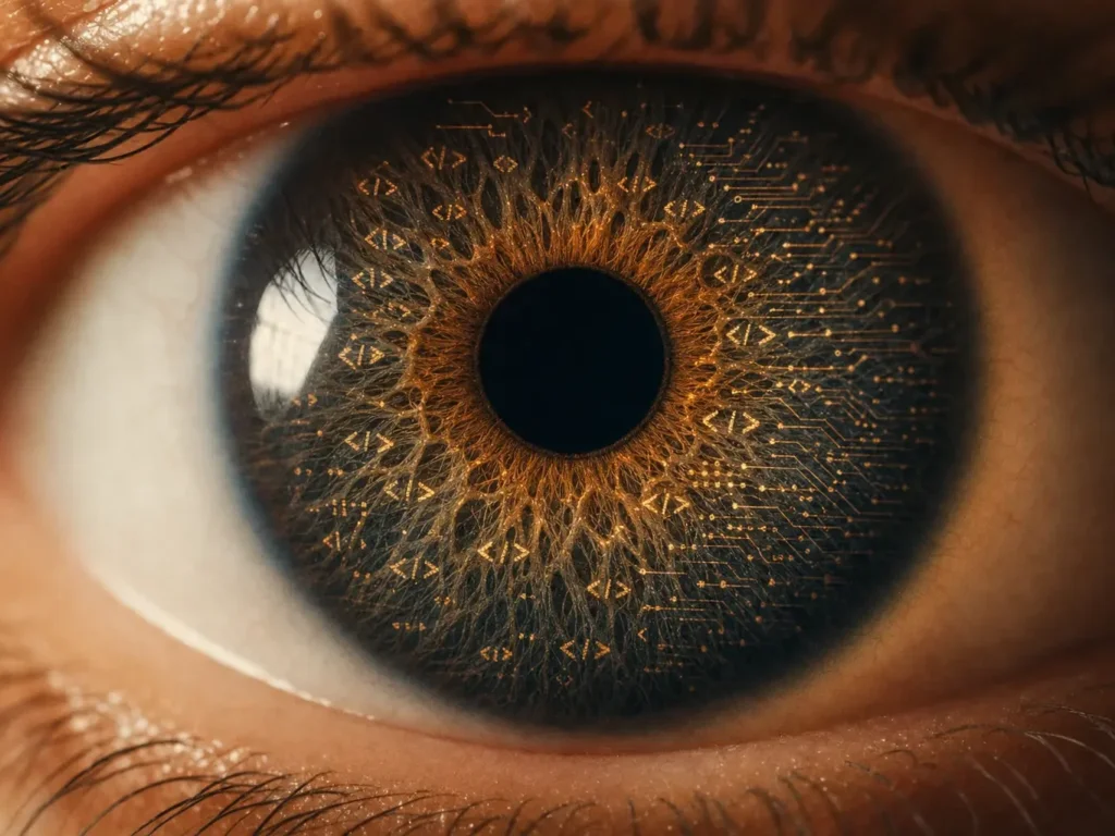 Œil humain en gros plan dont l'iris se fond en motifs de code, symbole de la balise alt entre ce que l'œil voit et ce que la machine lit
