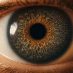 Œil humain en gros plan dont l'iris se fond en motifs de code, symbole de la balise alt entre ce que l'œil voit et ce que la machine lit