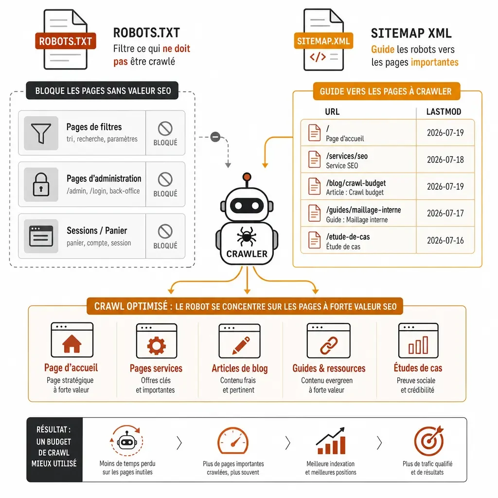 Schéma robots.txt et sitemap XML guidant le robot Google vers les pages à forte valeur SEO pour un crawl optimisé