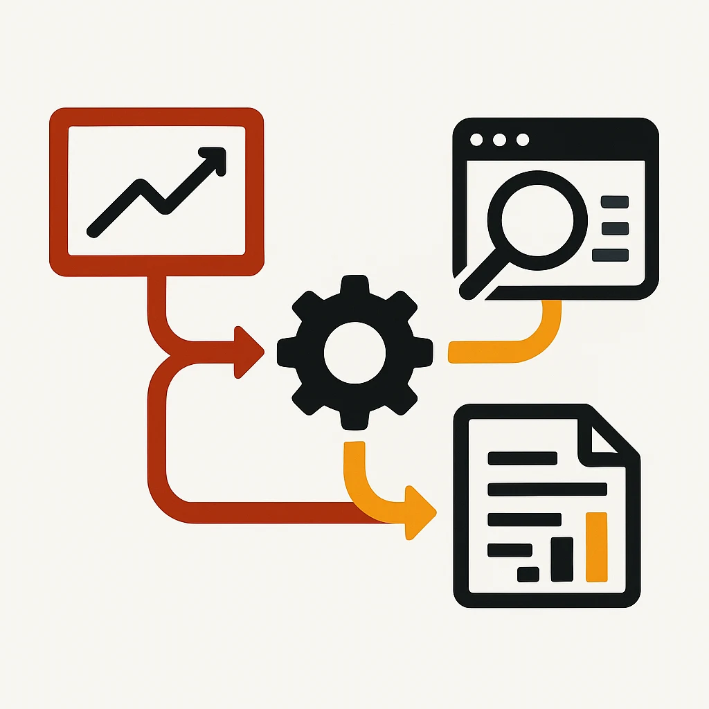 Schéma illustrant la fusion automatisée des données Google Analytics 4 et Search Console par un engrenage central, produisant un rapport d'audit SEO