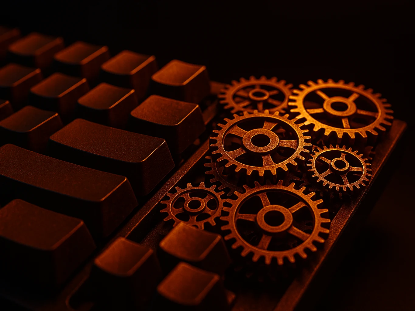 Gros plan sur un clavier d'ordinateur dont les touches se transforment en rouages métalliques ambrés, symbole de l'automatisation SEO avec Claude Code