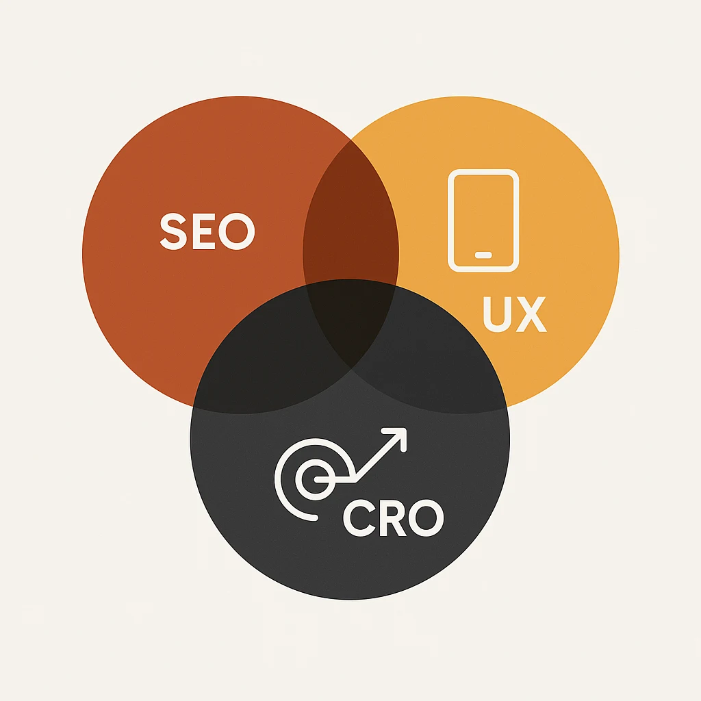 Schéma des trois cercles SEO, UX et CRO fusionnés au centre, représentant l’approche SXO de Dan Bernier