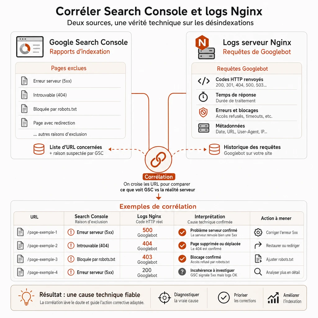 Infographie montrant la corrélation entre Google Search Console (pages exclues) et les logs serveur Nginx (codes HTTP réels) pour diagnostiquer une désindexation