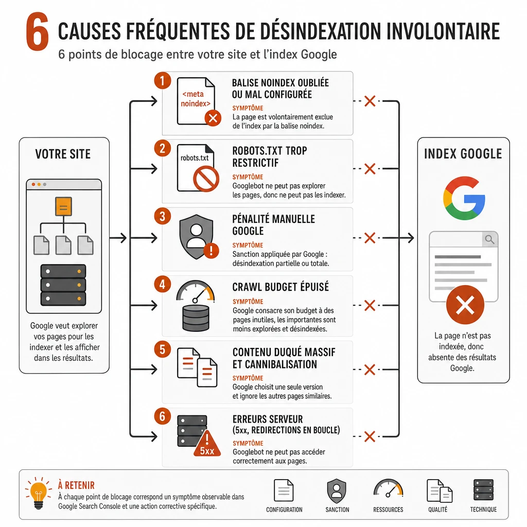 Schéma des 6 causes fréquentes de désindexation involontaire d'un site avec leur symptôme : noindex oublié, robots.txt restrictif, pénalité manuelle, crawl budget épuisé, contenu dupliqué, erreurs serveur 5xx
