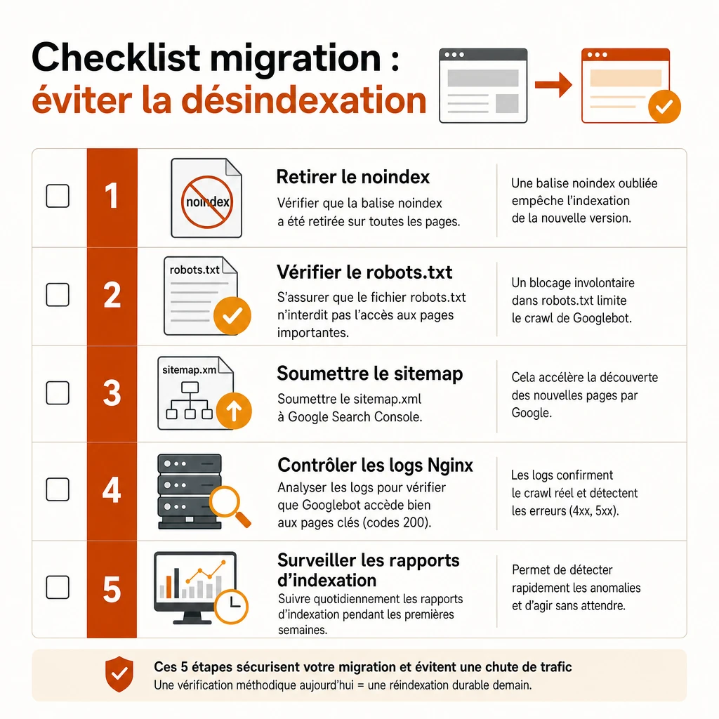 Checklist en 5 étapes pour sécuriser une migration de site et éviter la désindexation accidentelle : retirer le noindex, vérifier robots.txt, soumettre le sitemap, contrôler les logs Nginx, surveiller les rapports d'indexation