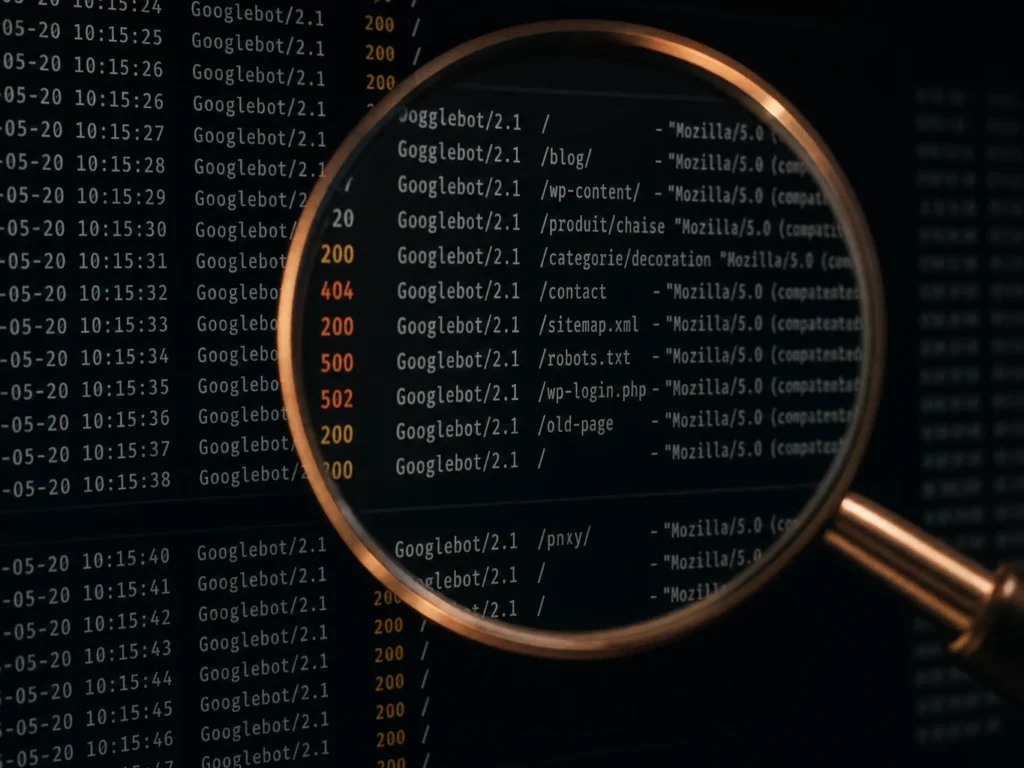 Loupe examinant des logs serveur affichant des codes HTTP Googlebot (200, 404, 500, 502) pour diagnostiquer une désindexation site