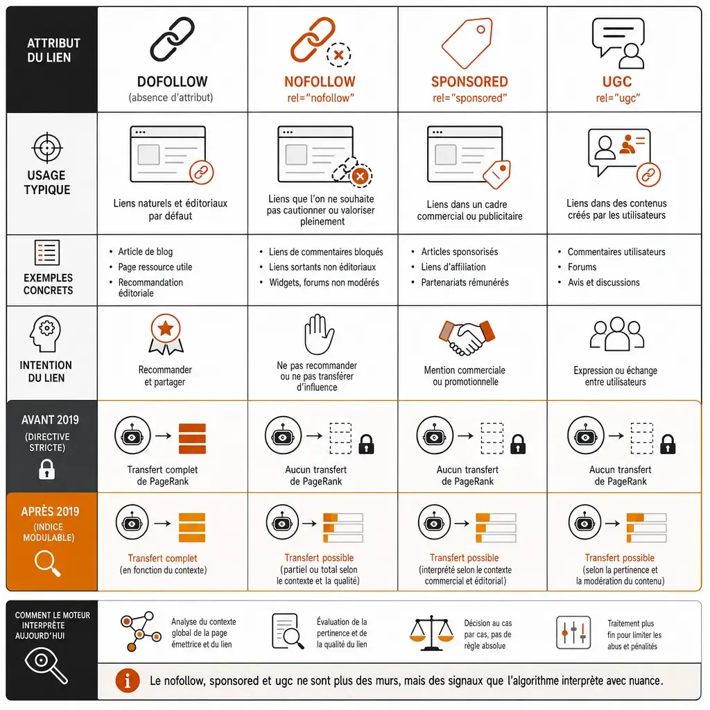 Tableau comparatif des attributs de lien dofollow, nofollow, sponsored et ugc : usage, exemples concrets, intention et transfert de PageRank avant et après 2019