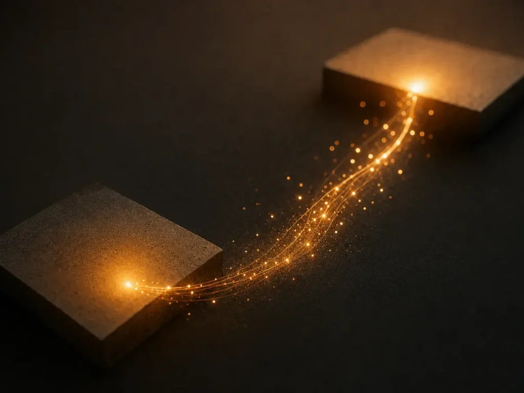 Chemin lumineux ambre reliant deux pages web, symbolisant le transfert d'autorité modulé selon le contexte entre liens dofollow et nofollow