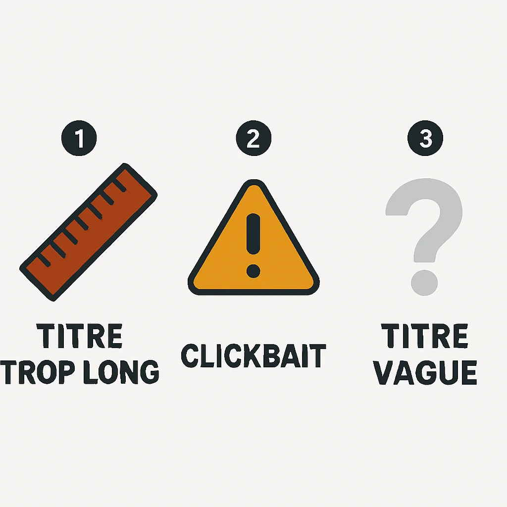 Infographie illustrant trois erreurs classiques de titre SEO : titre trop long, clickbait, titre vague