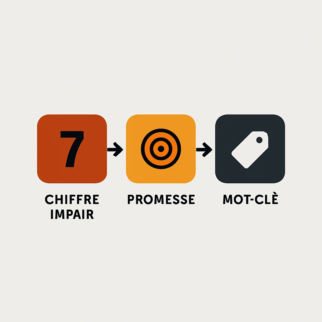 Schéma illustrant la formule d'un titre efficace : chiffre impair, promesse claire, mot-clé